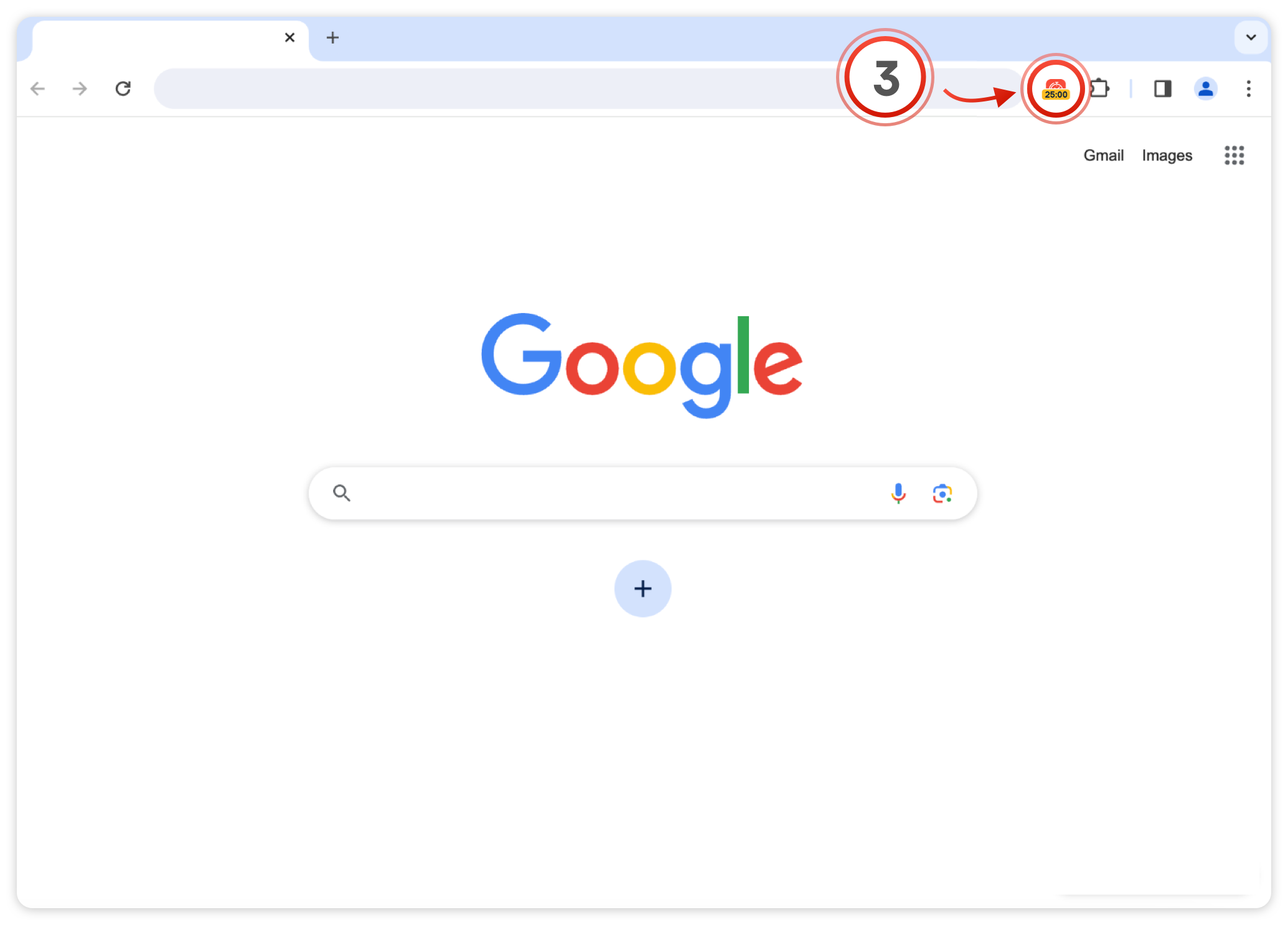 The Study Timer icon (3) with a 25:00 badge pinned to the Chrome toolbar