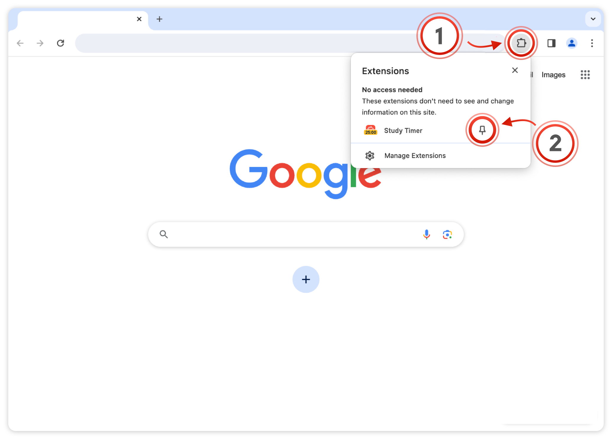 Chrome toolbar: the puzzle piece icon (1) opens the Extensions menu, the pin (2) next to Study Timer keeps it on the toolbar