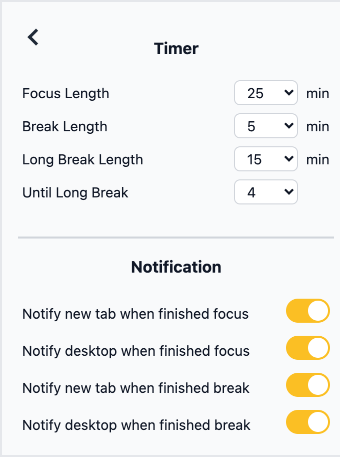 Study Timer settings: focus, break and long break length, sessions until long break, notification switches