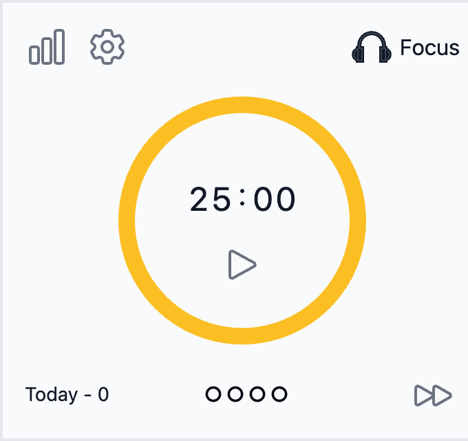 Study Timer popup: 25:00 timer, Today counter, four progress circles and the skip button