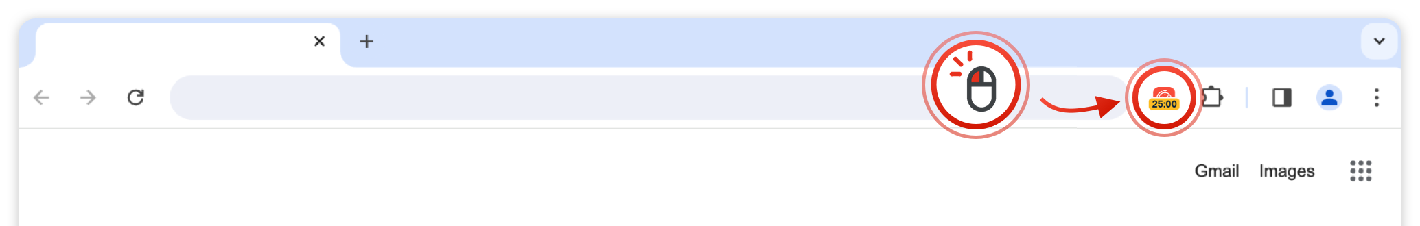 A mouse click on the Study Timer icon with a 25:00 badge on the Chrome toolbar